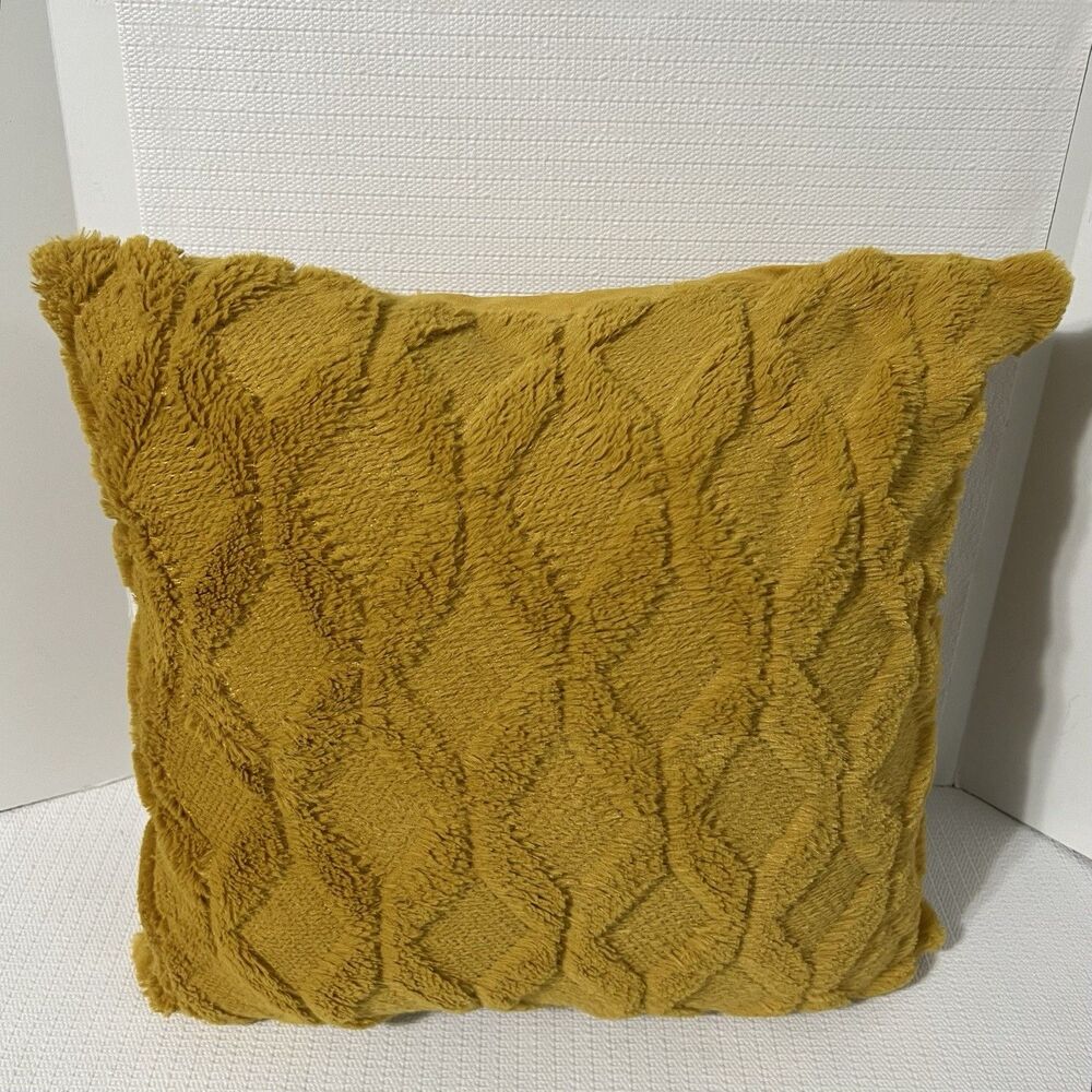 Yellow Diamond Pattern Throw Pillow Cushion Cover 18x18 Flocked Geometric MCM